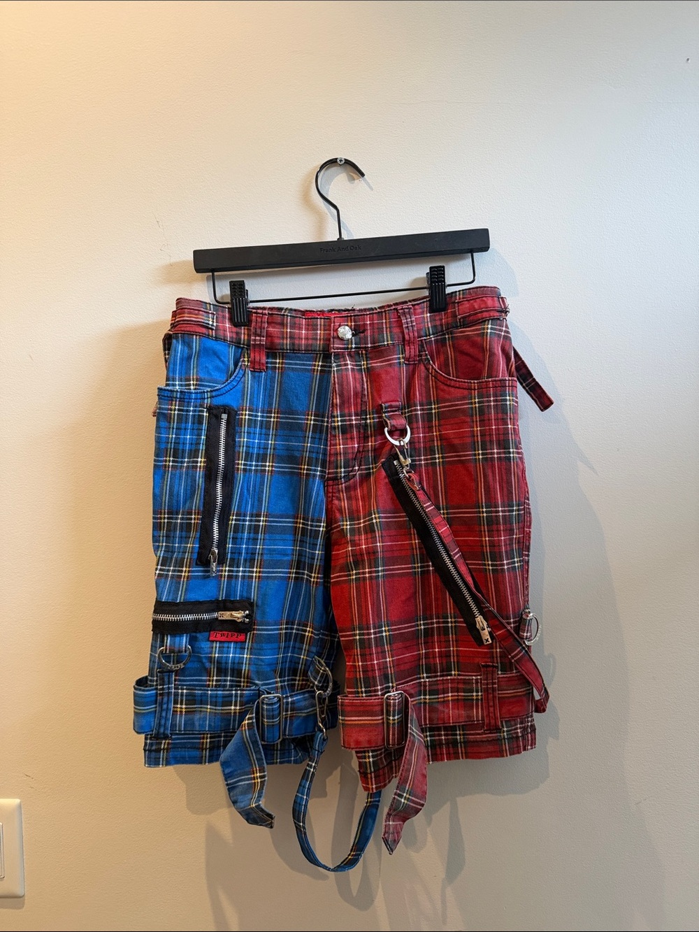 Tripp NYC Two-Tone Plaid Utility Shorts in Blue and Red
